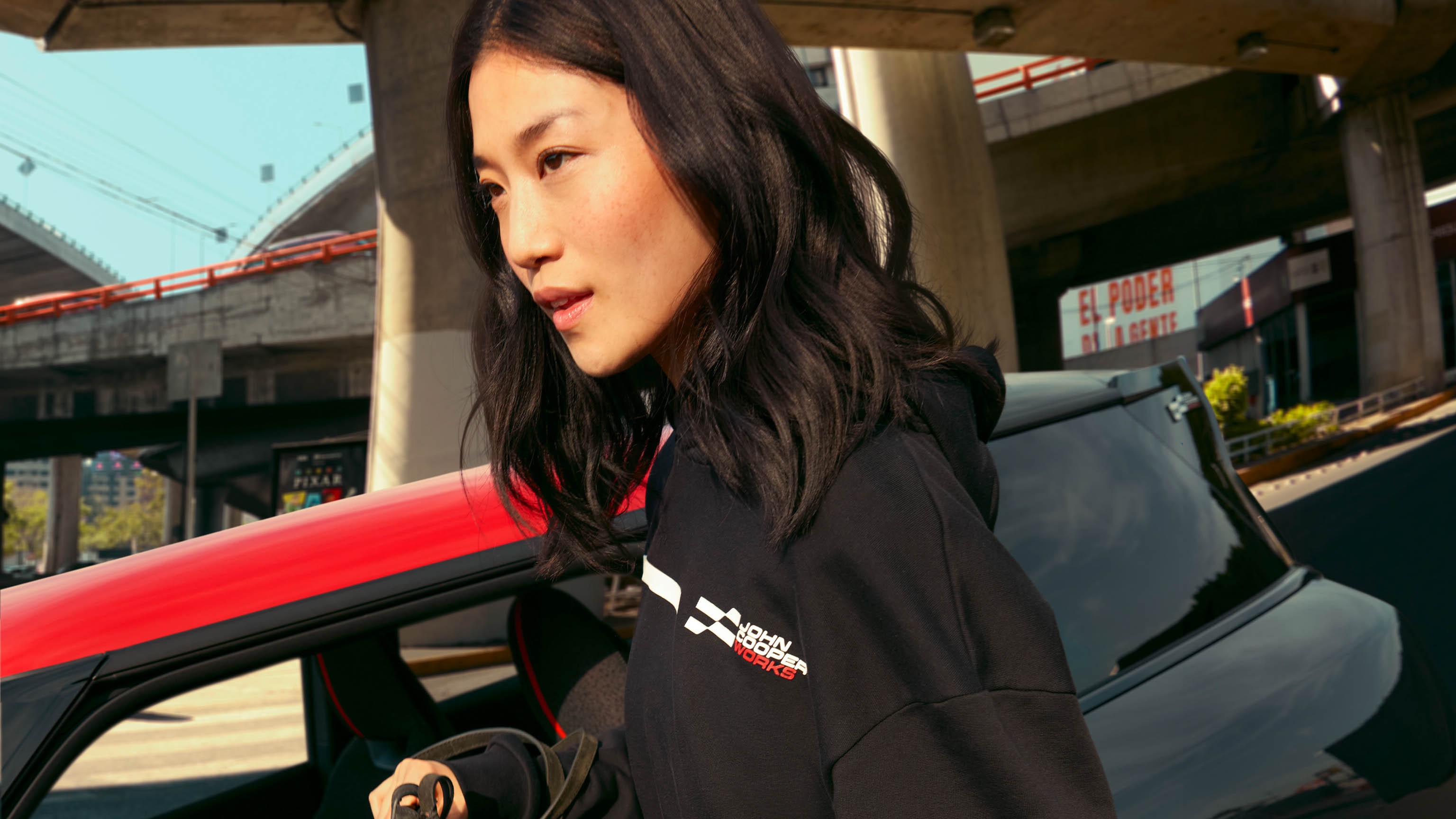 One model wearing hoodie of the new MINI Lifestyle Collection 2025.